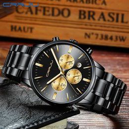 CRRJU Men Stainless Steel Band Watch Mens Luxury Business Luminous Quartz Wrist Watches Male Date Window Clock