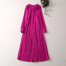 Casual Dresses European and American women's clothes 2023 spring new Long sleeve disc flower purple Round neck fashion Pleated Dress XXL