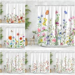 Shower Curtains Butterfly Flowers Green Plants Leaves Floral Watercolour Art Print Modern Nordic Home Decor Bathroom Curtain Sets