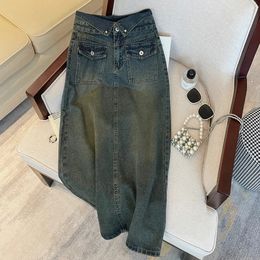 Summer Y2k Retro Blue Jeans Long Skirt with Slit Overlap High Waist Aline Cargo Pockets Denim Womens Streetwear 240321