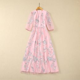 Casual Dresses European And American Women's Clothes 2024 Spring Round Neck Seven-point Sleeve Studded Pink Fashion Pleated Dress XXL