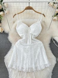 Casual Dresses Summer Fashion Women V Neck Spaghetti Strap Dress Solid Colour Hollow Out Lace A-line Skinny Mini Slip Sexy Club Wear