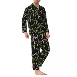 Men's Sleepwear Pink Floral Print Pyjamas Man Green Leaves Cute Soft Night Nightwear Autumn 2 Pieces Vintage Oversize Design Set