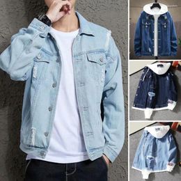 Men's Jackets Men Patchwork Denim Jacket Stylish Hooded Spring Coat With Colour Matching Design Single-breasted Closure Ripped For