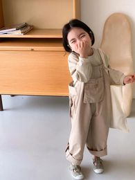 Trousers Kids Overalls Korean Childrens Clothing Spring Autumn Baby Lovely Khaki Simple 2024 Pocket Soild Loose Vintage