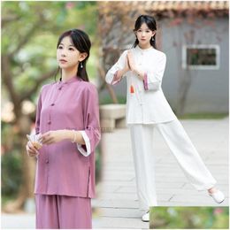 Ethnic Clothing 2024 Chinese Tai Chi Martial Arts Tops Pants Set Taiji Wushu Wing Chun Uniform Morning Exercise Outdoor Walking Drop D Ot9I4