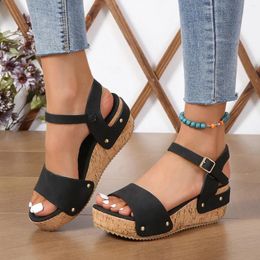 Sandals Ladies Fashion Retro Leather Open Toe Buckle Wedge Heel Thick Sole Broadband Shoes Women'S Summer 2024