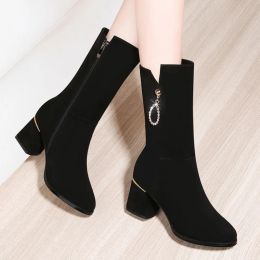 Boots Women's Boots Black Shoes for Woman Half High Footwear Mid Calf Rhinestone Middle Heel on Promotion Spring Autumn 2023 New Sale