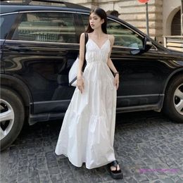 Casual Dresses Women Thin Shoulder Straps Sexy V Neck Tied Backless Tiered A Line Long Dress DropShip