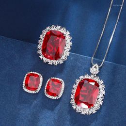 Necklace Earrings Set Big Square Shape Red Ruby Cubic Zircon Pendant Stud Adjustable Ring Jewellery For Women