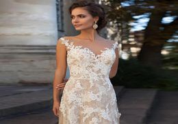 Lace Wedding Dress Illusion Neckline Appliques Vintage Bridal Gowns Robe De Mariage Sheath Sheer Back Vestido4787310