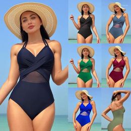 Women's Swimwear One-piece Women Solid Colour Mesh Slim Swimsuit High Waist Bikini Sexy Backless Hanging Neck Skirt Beach Bathing Suit