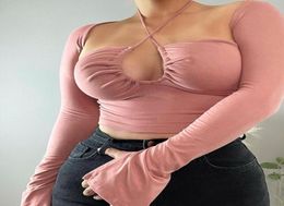 Women039s TShirt Lapel Halter Short Trumpet Sleeve Top Pink Slim Fit Ruffled Sexy Hollow Cleavage 2021 Fall Allmatch Fashion 3209908
