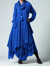 Womens Plus Size Long Sleeve Dress Pleated Asymmetric A-Line Autumn Floral Maxi Dress Vintage Casual Female Fashion Dress 240320