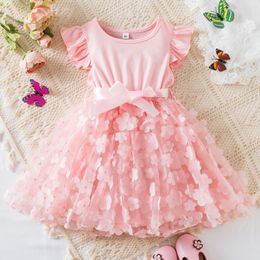 Summer 3D Flower Mesh Ruffles Sleeves Dress 15 Years Toddler Girls Birthday Party Princess Tutu Cute Baby Clothes 240311