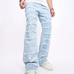 Men's Jeans Men Fashion Biker Patch Splicing Slim Straight Pants Streetwear Male Distressed Motorcycle Denim Trousers