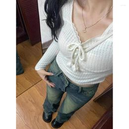 Women's Sweaters 2024 Korean Sweet Tops Women Preppy Kawaii Cute Top Thin Casual Lace-up Long Sleeve T-shirt Female Elegant Slim Lace Teen