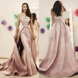 Light Pink Sparkly Prom Dresses With Detachable Train Pearls Beading Strapless Mermaid Evening Gowns Backless Sweep Train Party Wear