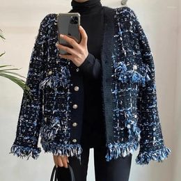 Women's Knits Korean Autumn/Winter Coat Women Retro V-Neck Fringe Edge Mixed Color Knitted Cardigan Loose Long Sleeved Sweater Jacket Z4478