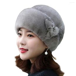 Berets Elastic Women Hat For Large Heads Ladies With Head Size Elegant Floral Beret Women's Plush Imitation Mink Velvet