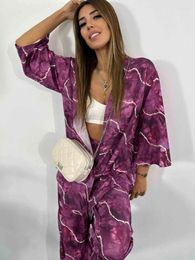 Women's Two Piece Pants Fashion Casual Suit Wave Print Loose Cropped Sleeve Cardigan With High Waist Wide Leg Trousers For Women