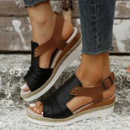 Dress Shoes Women's Solid Colour Wedge Sandals Buckle Design Platform Ankle Strap Casual Shoe Versatile Summer Walking Sapatos Feminino