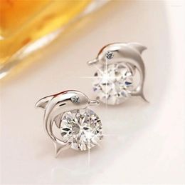 Stud Earrings Cute Romantic Dolphin Love For Women High Quality 925 Jewelry Stering Silver Round Cut Zircon Brinco Bijoux