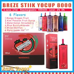 Authentic BREZE STIIK Yocup 8000 puffs Disposable vape device Electronic cigarette 600 mAh rechargeable battery with e-liquid battery LED lights 6 Flavours