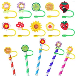 Disposable Cups Straws 10pcs Straw Covers Drinking Plugs Cartoon Tips Silicone Protection Toppers