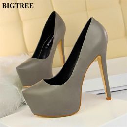 Boots BIGTREE Shoes Women Concise PU Leather/ Flock Super High Heels Pumps Black White Pointed Shallow Platform Party Shoes Woman 2023