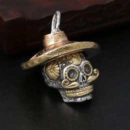 Gothic Vintage Lotus Hat Skull Pendant 14k Yellow Gold Necklace Mens Biker Rock Punk Religious Exorcism Amulet Jewellery