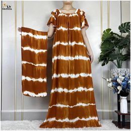 Ethnic Clothing 2024 Dubai Summer Short Sleeve Cotton Dress African Dashiki Boat-Neck Loose Floral Boubou Maxi Islam Women Elegant