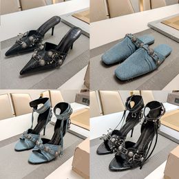 With Box Latest fashion canvas high heels Pointy pump 9cm dress Dinner shoes Luxury Designer slippers Belt buckle nail embellished formal shoes Eur35-Eur42