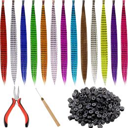 Tools 50PCS Synthetic Feather Hair Extensions Kit 16" Itip Hair False Feathers Heat Friendly Fibre Micro Beads Hairpiece Tools