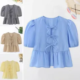 Women's Blouses Women Top Soft T-shirt Stylish Lace-up Ruffle Hem Shirt O-neck Puff Sleeve Solid Colour Cropped Streetwear For