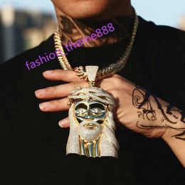 Iced Out Hip Hop-Schmuck, große Größe, 18 Karat vergoldetes Messing, AAA-CZ-Diamant-Jesus-Anhänger-Halskette mit kubanischer Gliederkette für Männer