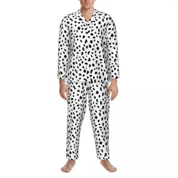 Men's Sleepwear Dalmatian Dog Print Pyjama Sets Black And White Comfortable Men Long Sleeve Casual Sleep 2 Piece Nightwear Big Size XL
