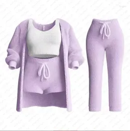 Women's Two Piece Pants 2024 Fall And Winter Knitted Plush Long-sleeved Suit Jacket Undershirt Shorts Four-piece Three-piece Set Female