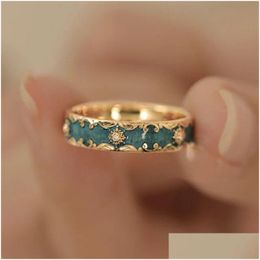 Band Rings Enamel Craft Ring Pattern Aesthetic Design High-End Delicate Fairy Temperament Green Vintage Drop Delivery Jewelry Dhpxt