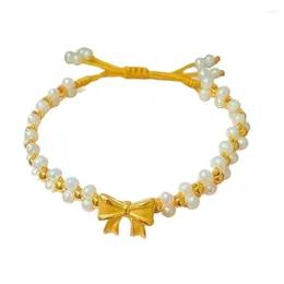 Charm Bracelets Y1UE Bowknot Pendant Bangle Imitation Pearls Woven Bracelet Stackable Wrist Accessory