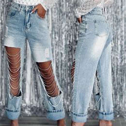 Women's Jeans Big Hole Chain Street Fashion Rhinestone Women Casual Vintage Pocket Straight Long Pants