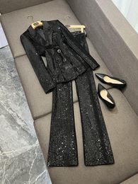 2024 Spring Black Sequins Two Piece Pants Sets Long Sleeve Notched-Lapel Panelled Blazers Top + Flare Trousers Pants Set Two Piece Suits O4M212621