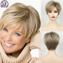 Wigs MSIWIGS Women's Short Cut blonde Straight Wig Natural Synthetic For White Lady Daily Wear High Tempreture Fibre