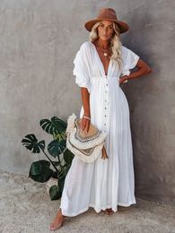 Sexy Bikini Coverups Deep V Neck Long White Tunic Casual Summer Beach Dress Elegant Women Clothes Wear Swim Suit Cover Up 240320