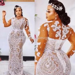 Aso Ebi Кружева Русалка Свадебные платья Прозрачная шея с драгоценными камнями Иллюзия с длинными рукавами Аппликации из бисера Свадебное платье Корсет сзади Плюс размер robe de BC12625 0321