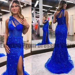Elegant One Shoulder Royal Blue Evening Dresses with Side High Split Sexy Mermaid Lace Applique Women Formal Party Prom Gowns