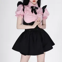 Work Dresses 2024 Summer Sweet Pink Short Sleeve Bow Shirts Women Lace Up Slim Fit Black Ruched Strap Dress Y2k E-Girl Two Piece Sets