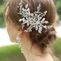 Hair Clips Rhodium Colour Bridal Piece Clip Women Barrette Leaf Crystal Wedding Accessories Jewellery