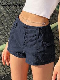 Rapcopter y2k Solid Cargo Shorts Pockets Elastic Band Low Waisted Shorts Harajuku Retro Basic Casual Sporty Bottom Women Biker 240321