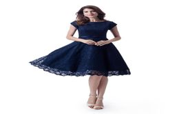 Vintage Dark Navy Blue Lace Short Modest Bridesmaid Dresses With Cap Sleeves Aline Knee Length Informal Country Wedding Bridesmai3639770